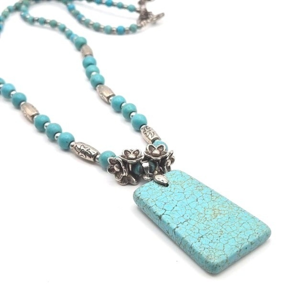Turquoise Beaded Necklace Silver Tone Rectangle‎ Pendant Boho Jewelry